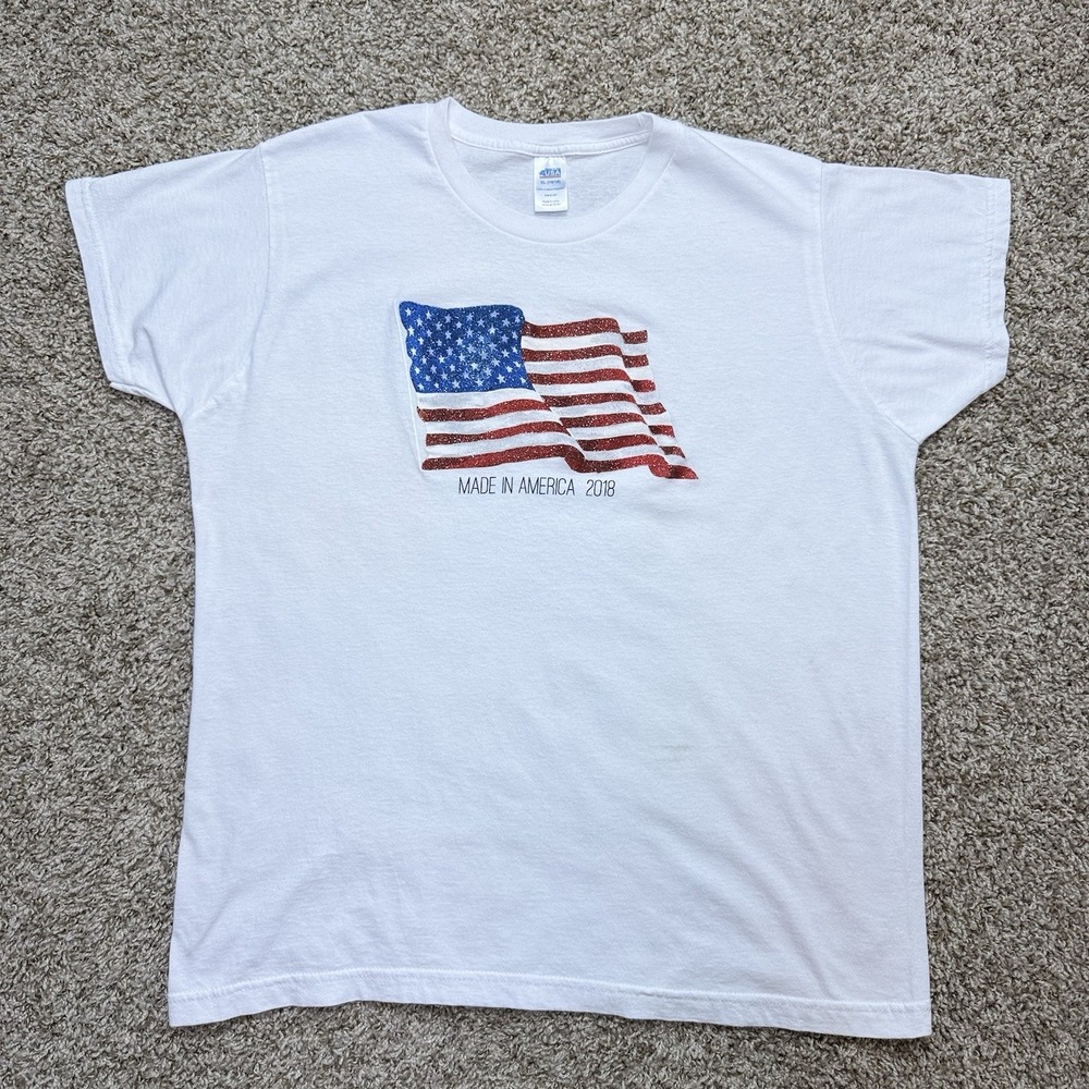 Made In America 2018 Girls XL 16/18 White American Flag Glitter Graphic T Shirt